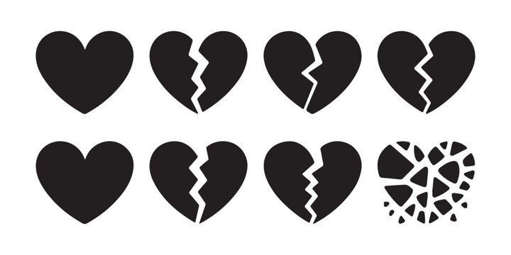 Black broken heart icon set features various stages of cracking and shattered pieces for design.