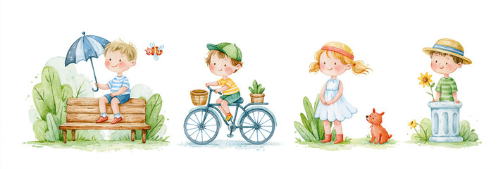 Fototapeta premium A cheerful illustration of children enjoying a sunny day outdoors with nature.