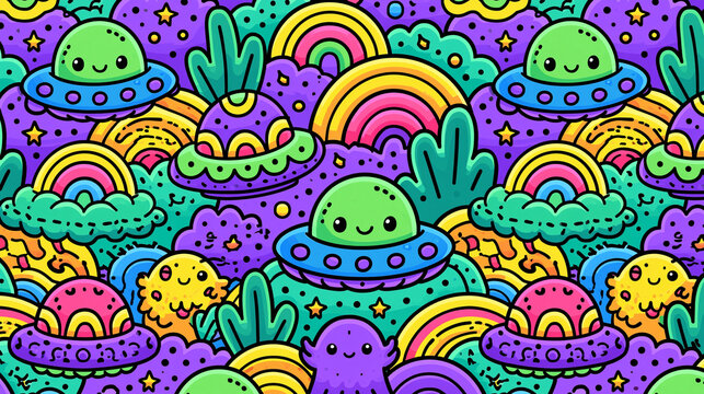 Colorful alien patterns with spaceships, rainbows, and playful monsters.