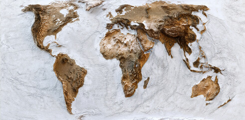 Equal Earth world map, topographic relief map, accurate landmass proportions, exaggerated terrain elevation and physical geography on a textured surface. Detailed 3D-style cartographic representation  © Corona Borealis