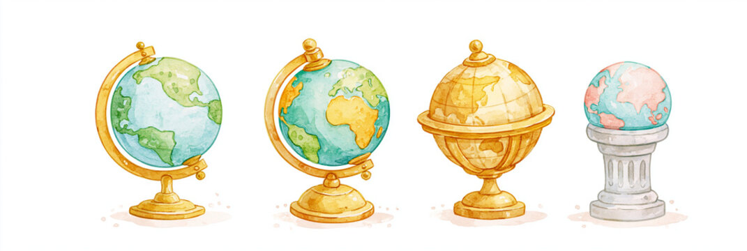 Colorful globes displayed in various styles, showcasing Earth&rsquo;s features.