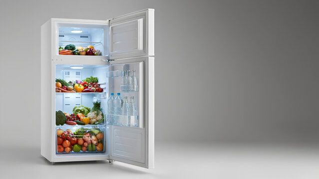 Ge&ouml;ffneter wei&szlig;er K&uuml;hlschrank vollgef&uuml;llt mit frischem Obst und Gem&uuml;se, realistisch, f&uuml;r Ern&auml;hrungsratgeber oder Supermarktwerbung geeignet.
