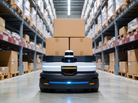 A modern warehouse robot carrying cardboard boxes through a long aisle of stocked metal shelving.