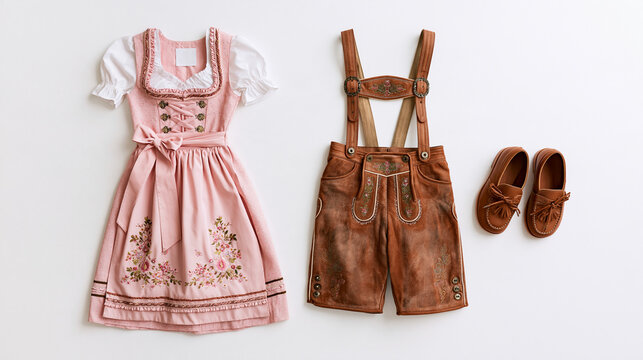 Flat lay of traditional oktoberfest attire featuring a pink dirndl dress and brown lederhosen arranged neatly bright clean well lit background embroidered fabric and leather texture