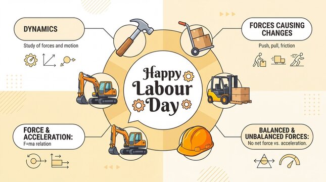 Labour Day physics infographic poster. Education banner showing forces and dynamics with construction tools excavator helmet and forklift
