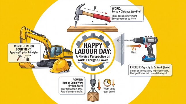 Labour Day physics principles infographic. Work energy and power explained with excavator hammer and drill illustrations on yellow background