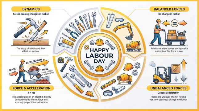 Happy Labour Day physics infographic. Mechanics and force concepts with construction tools. Balanced forces acceleration and dynamics chart