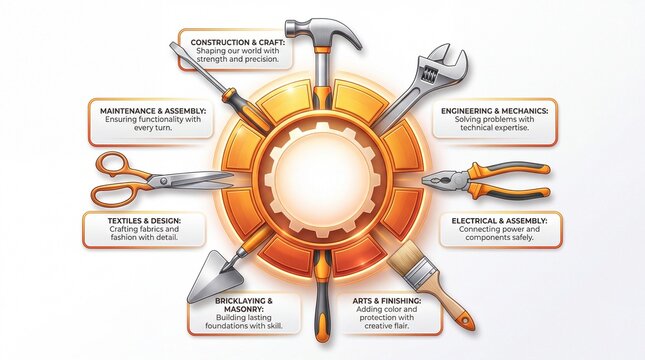 Industrial hand tools infographic template. Circular orange gear design with hammer screwdriver wrench pliers paintbrush trowel and scissors