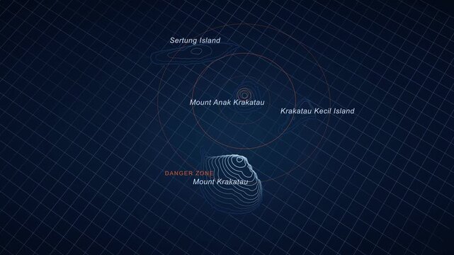 Krakatau Danger Zone Map Animation, Sertung Island, Mount Anak Krakatau, Geological Contours, Alert Visualization, Disaster Management, Geographical Mapping