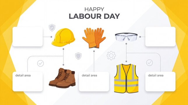 Labour Day infographic banner with construction safety equipment. Features hard hat work gloves safety glasses boots and vest with text boxes