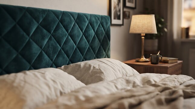 Comfortable bed with dark teal velvet headboard and soft pillows arranged for cozy bedroom interior design and relaxation.