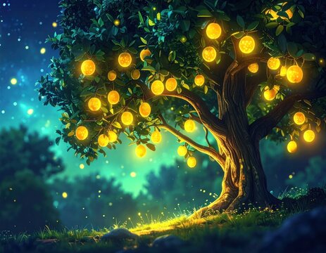 Glowing fruit tree in magical night forest