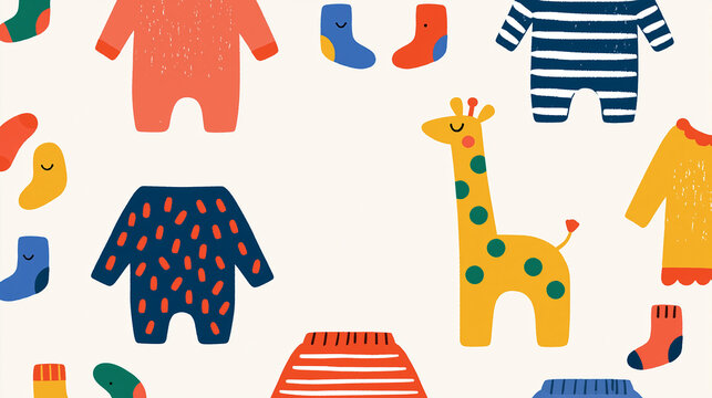Colorful baby clothes pattern featuring giraffes and playful designs.