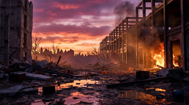 Destroyed city buildings ruins with smoke and fire under dramatic sunset sky building ruins fire damage urban destruction war zone smoke clouds collapsed buildings