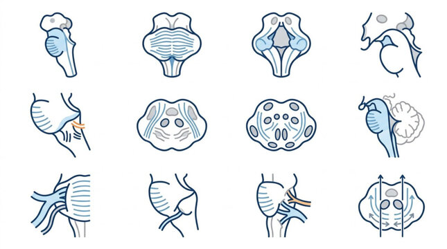 Human Brainstem Anatomy Cross Sections and Views Hand Drawn Illustration Set.
