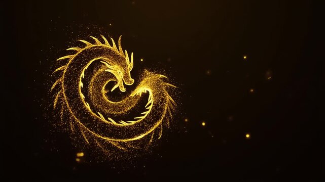 金粉粒子が集まって現れる龍 黒背景演出動画