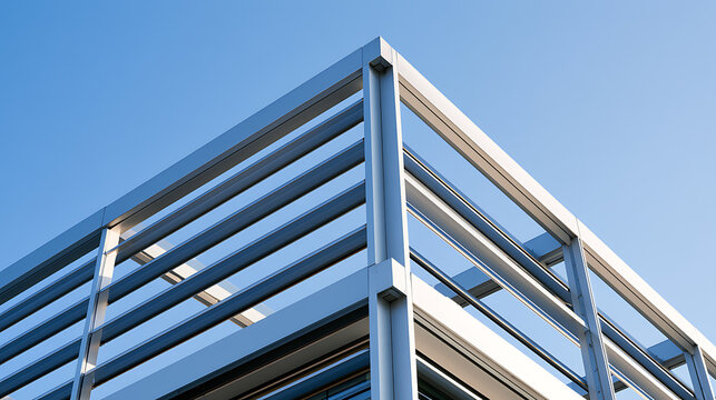 Modern architectural building exterior structure with steel frame and glass facade against clear blue sky in urban corporate setting