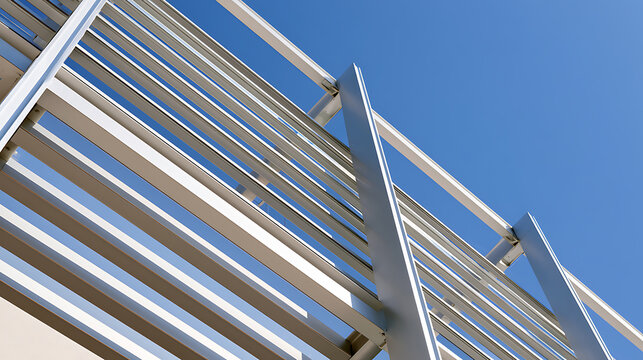 Modern architectural metal structure with horizontal louvers and beams against a clear blue sky, low angle shot of building exterior