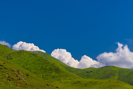 Rolling Green Hills Under a Bright Blue Sky with Cumulus Clouds