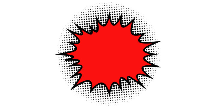 Red pop art comic speech bubble burst vector illustration, blank explosive starburst cloud with halftone dots pattern isolated on white background for cartoon promo banner, sale sticker, and poster