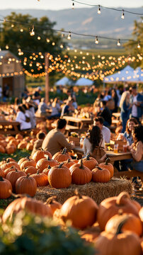 Aerial view of a festive pumpkin patch harvest festival with string lights people enjoying the outdoors with faces out of frame bright clean daytime backdrop festive seasonal atmosphere