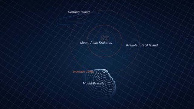 Krakatau Volcano Danger Zone Map Animation, Mount Anak Krakatau, Sertung Island, Krakatau Kecil Island, Geological Contour Lines, Alert Zone Visualization