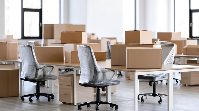 Modern corporate office space during business relocation with stack of cardboard boxes and furniture covered in protective plastic film wrap