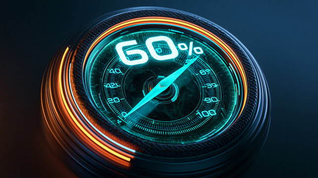 Digitaler Tacho mit t&uuml;rkiser Anzeige bei sechzig Prozent, dunkler Hintergrund mit Neonlicht, futuristischer Stil f&uuml;r Technologie-Werbung und Website-Banner.