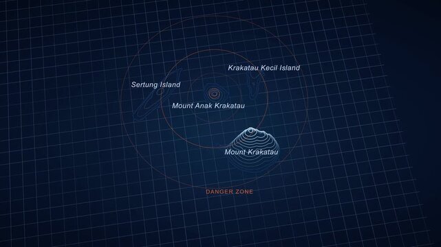 Krakatau Zone Graphic Map Animation, Danger Zone Alert, Sertung Island, Mount Anak Krakatau, Krakatau Kecil Island, Geographic Visualization, Risk Assessment, Natural Disaster Awareness