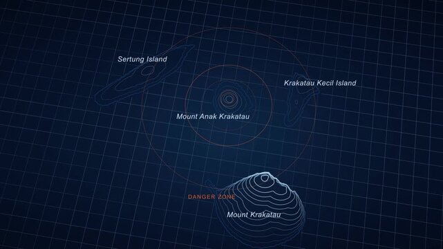 Krakatau Warning Map Animation, Sertung Island, Mount Anak Krakatau, Danger Zone Alert, Geological Hazard Visualization, Natural Disaster Awareness, Geological Map Motion Graphics