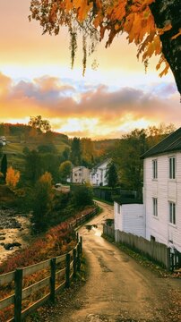Scenic autumn landscape with houses and river, perfect for mobile wallpaper.