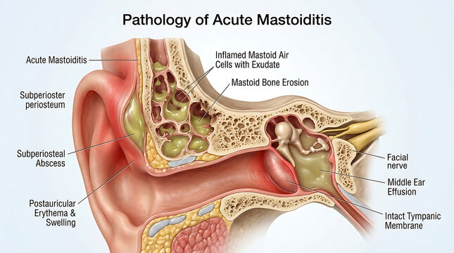 Acute Mastoiditis with Severe Mastoid Bone Inflammation and Subperiosteal Abscess Causing Ear Pain of Human Ear Anatomy Postauricular Swelling Erythema