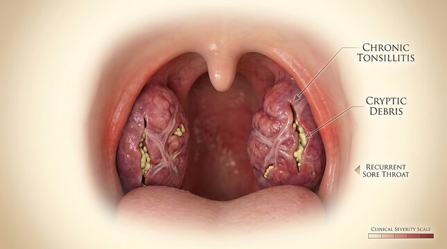 Chronic Tonsillitis with Persistent Tonsillar Inflammation and Cryptic Debris Causing Recurrent Sore Throat of Human Pharyngeal Anatomy Caseous Material Fibrosis