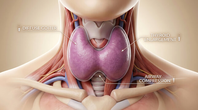 Diffuse Goiter with Bilateral Thyroid Enlargement Causing Neck Swelling of Human Thyroid Anatomy Tracheal Compression Esophageal Displacement