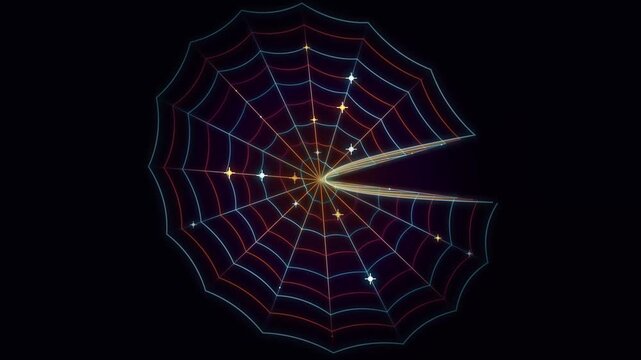 Halloween glowing neon spider web shimmering on black background