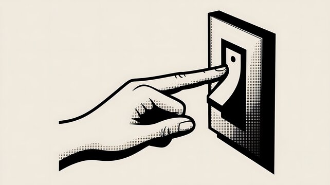 Hand with pointer finger pressing a light switch in a black and white halftone graphic style 
