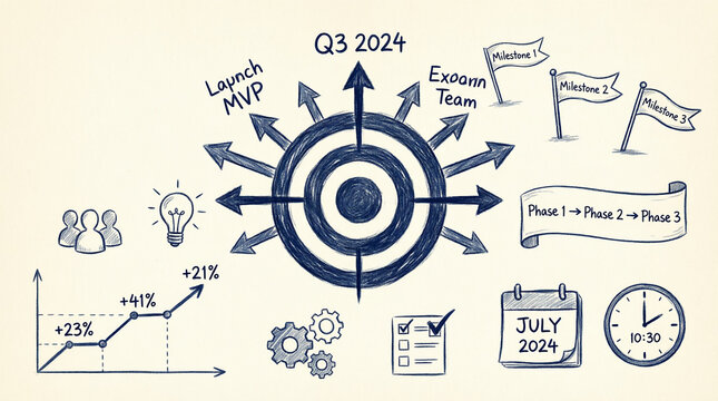 Product launch target sketch showing milestones and growth trajectory.