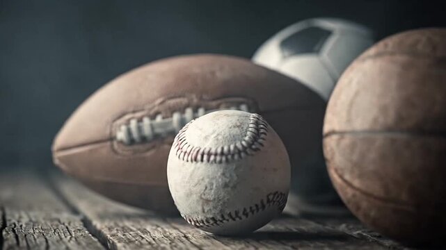 Assorted sports balls on rustic wooden background.