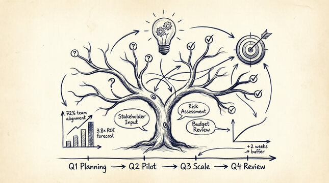 Business strategy tree with planning, pilot, scale, and review quarters.