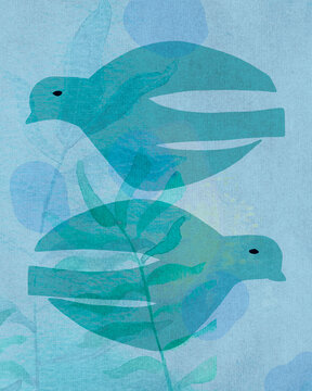 Birds framed by blue sky and foliage. Mixed media art illustration