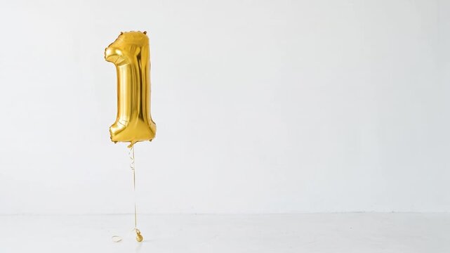 Large gold number one helium balloon floating against a clean white background with generous copy space, ideal for first birthday, anniversary, milestone and celebration concepts.