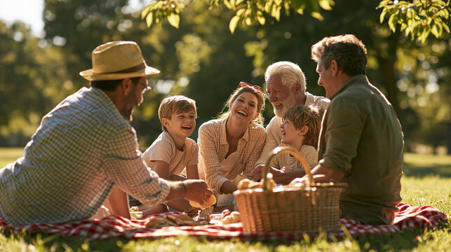 Gro&szlig;eltern und Enkelkinder verbringen ein Picknick im Park, realistischer Stil, geeignet f&uuml;r Familienwerbung oder Versicherungskampagne.