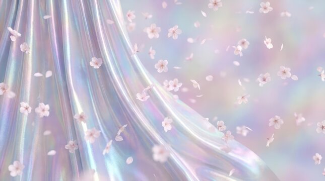 Abstract holographic fabric with falling pink flower petals.