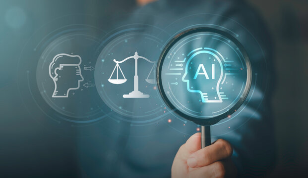 Digital artificial intelligence concept, law, ethics and justice with a magnifying glass. AI governance, legal compliance, responsible technology and regulatory oversight.