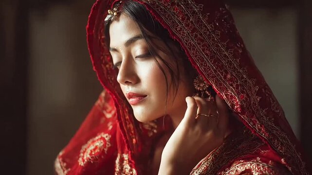 Indian woman in traditional red saree and jewelry.