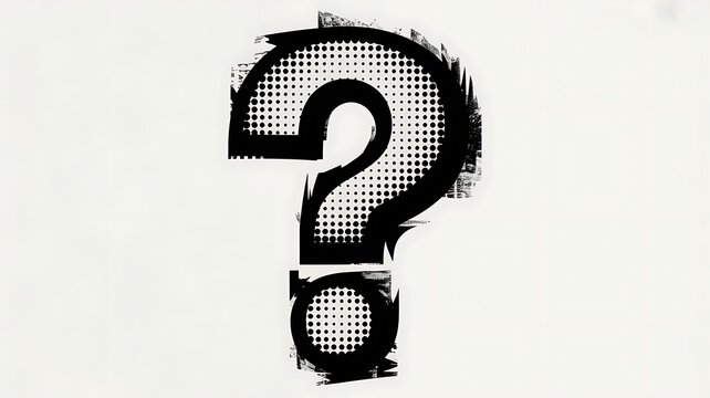 Question mark symbol with halftone pattern and rough cutout edges, black and white graphic design element 