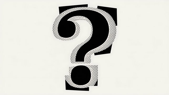 Question mark symbol with halftone pattern and rough cutout edges, black and white graphic design element 