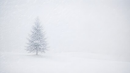 Fototapeta premium Minimalist Shot of a Single Pine Tree Barely Visible in a White Out Blizzard