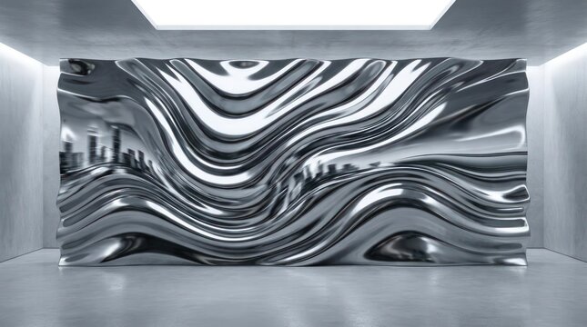 Abstract liquid chrome metallic sculpture in minimalist room.