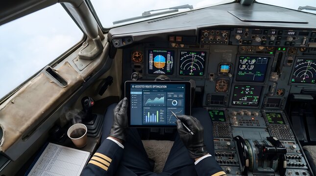 Airline pilot using tablet for ai route optimization in cockpit